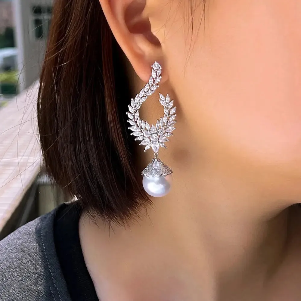Elegant Shiny Cubic Zirconia Big Simulated Pearl Long Statement Bridal Earrings Women Wedding Party Jewelry