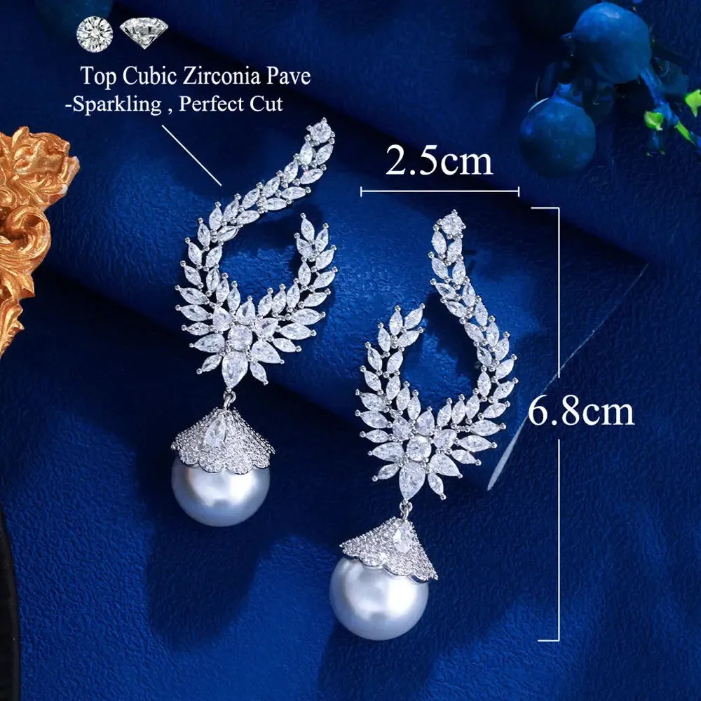 Elegant Shiny Cubic Zirconia Big Simulated Pearl Long Statement Bridal Earrings Women Wedding Party Jewelry