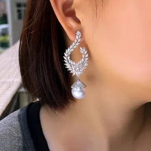 Elegant Shiny Cubic Zirconia Big Simulated Pearl Long Statement Bridal Earrings Women Wedding Party Jewelry