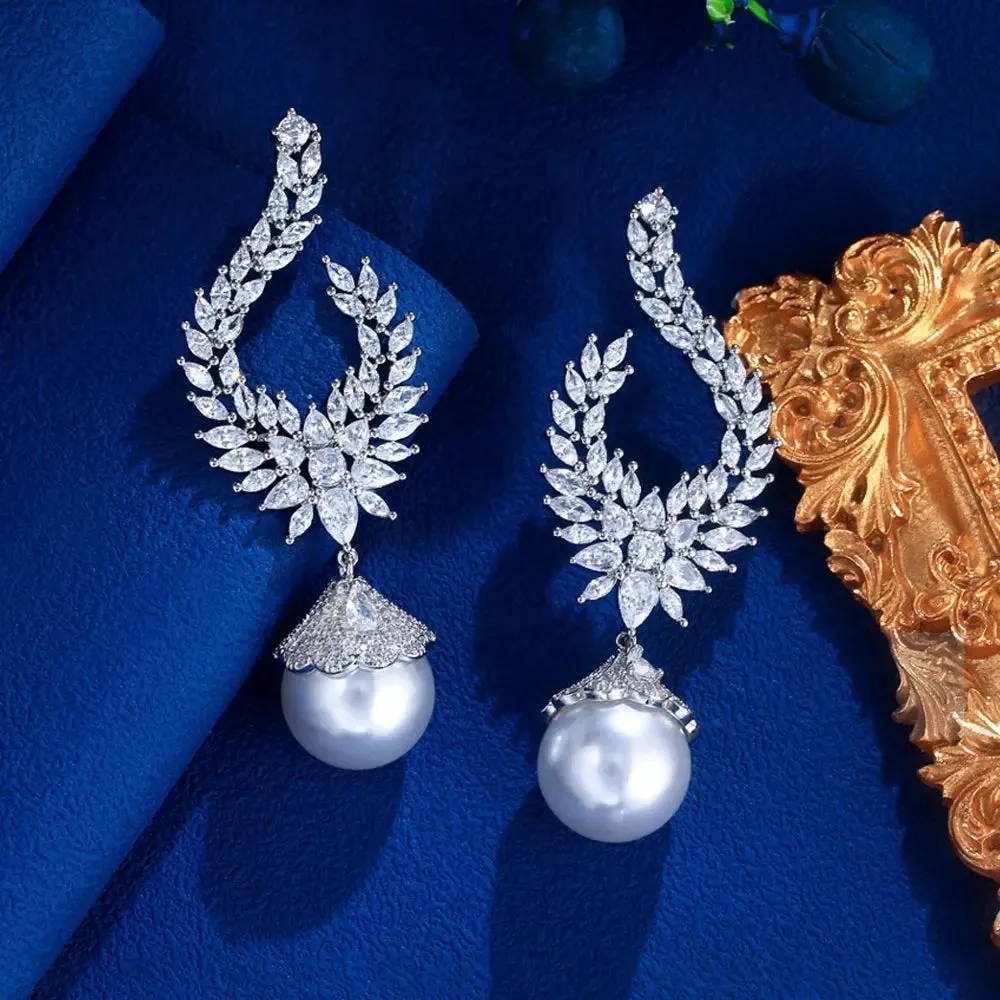 Elegant Shiny Cubic Zirconia Big Simulated Pearl Long Statement Bridal Earrings Women Wedding Party Jewelry