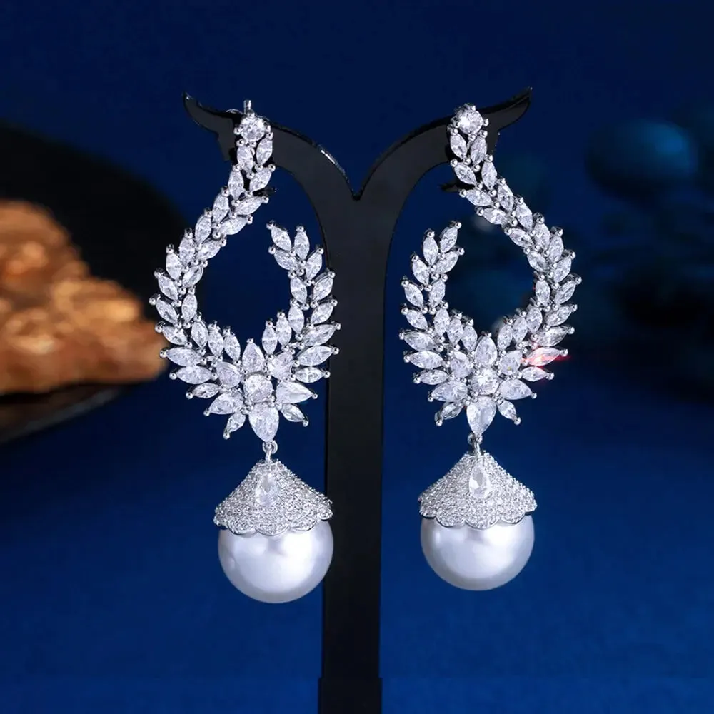 Elegant Shiny Cubic Zirconia Big Simulated Pearl Long Statement Bridal Earrings Women Wedding Party Jewelry