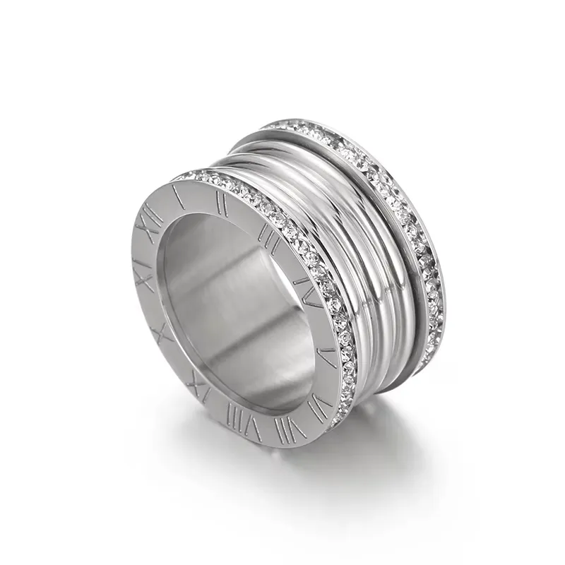 Elegant Stainless Steel Large Rings for Women Roman Alphabet Shiny Zircon Ring Chunky Anillos Mujer Party Wedding Jewelry Luxury