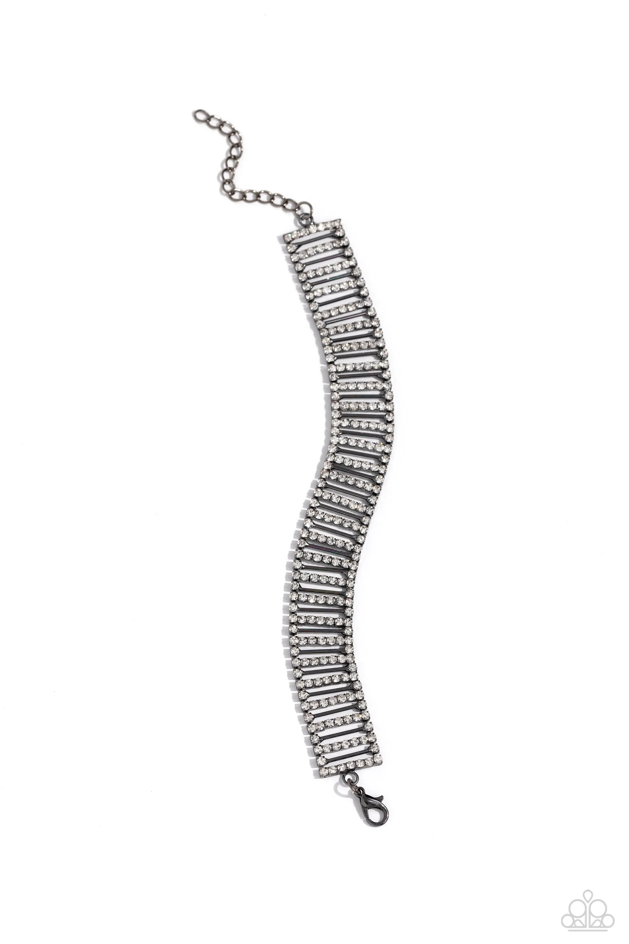 Elusive Elegance - Black - White Rhinestone Encrusted Gunmetal Bar Paparazzi Lobster Claw Bracelet