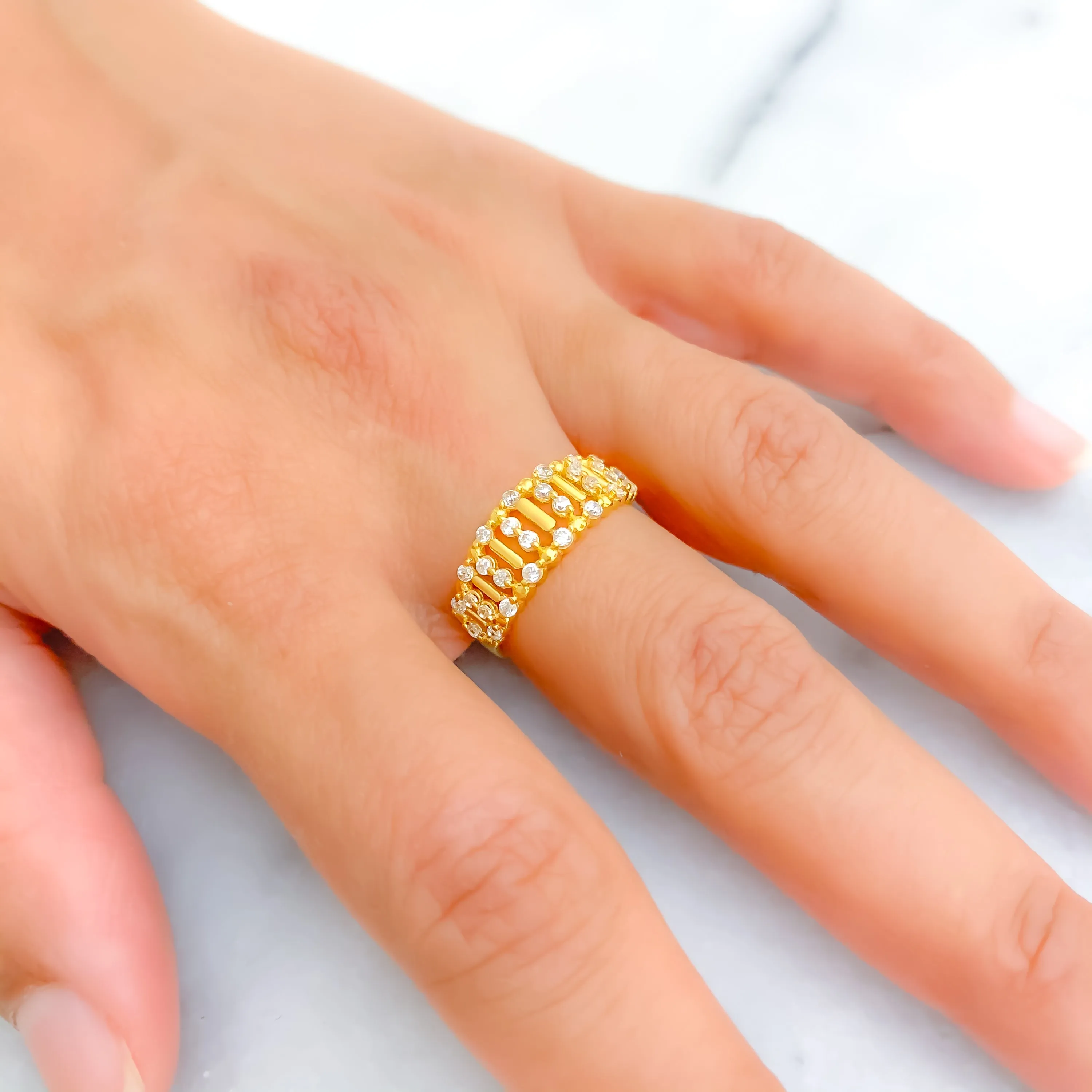 Embellished Unique Striped 22k Gold CZ Ring