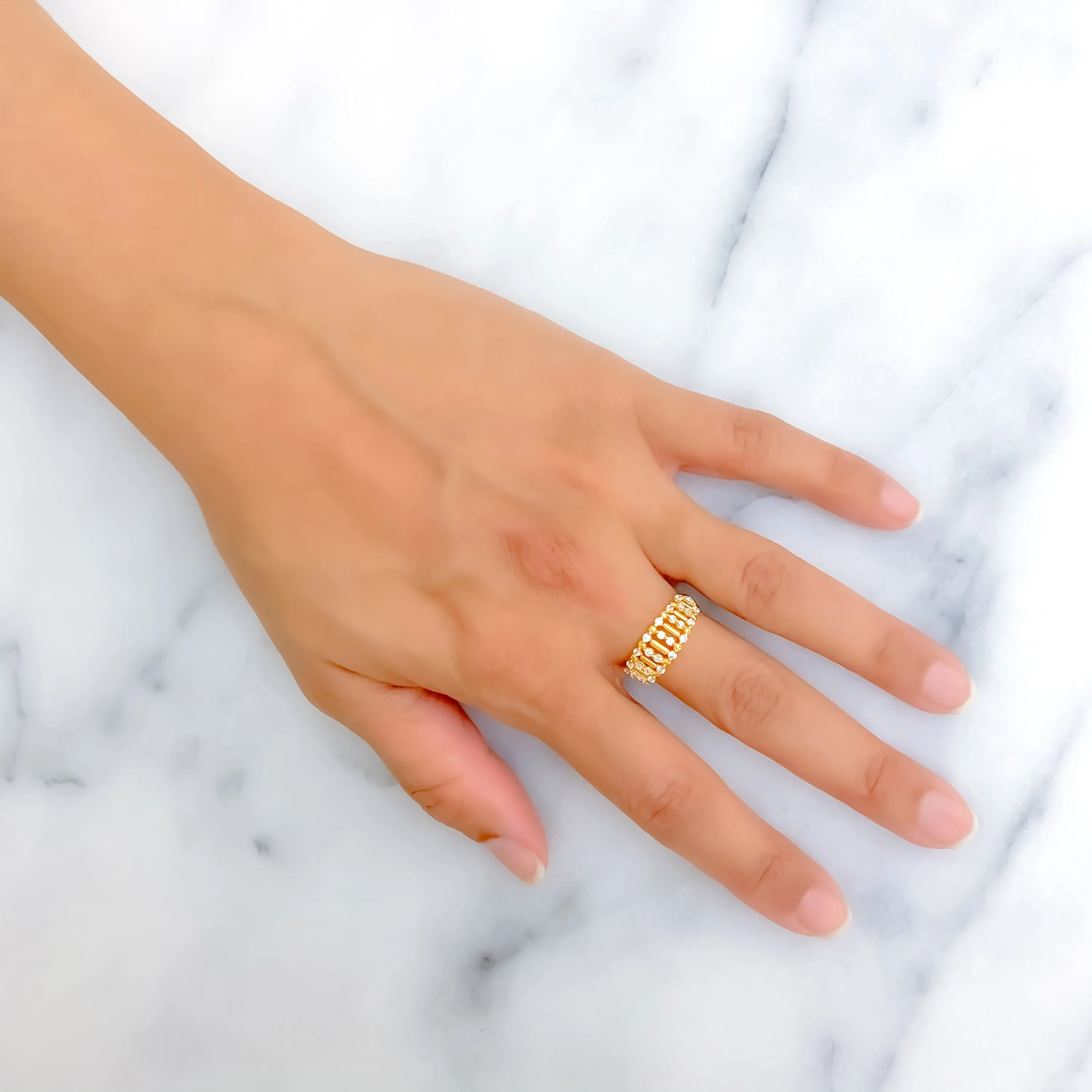 Embellished Unique Striped 22k Gold CZ Ring