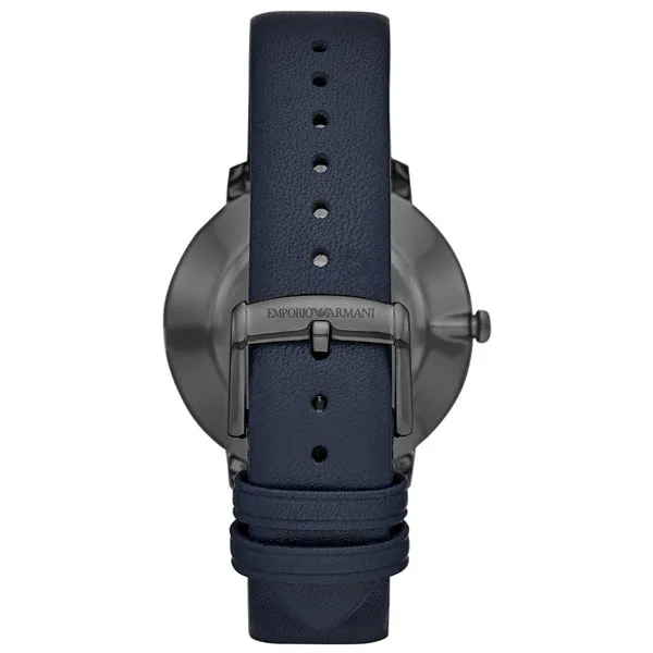 EMPORIO ARMANI Modern Slim Blue Leather Strap Silver Dial Quartz Watch for Gents - AR11214