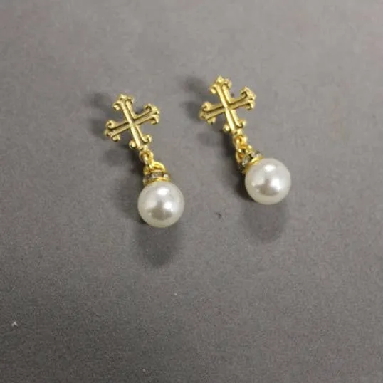 ER16 Religious Cross Earring with Pearl Drop