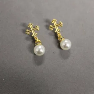 ER16 Religious Cross Earring with Pearl Drop