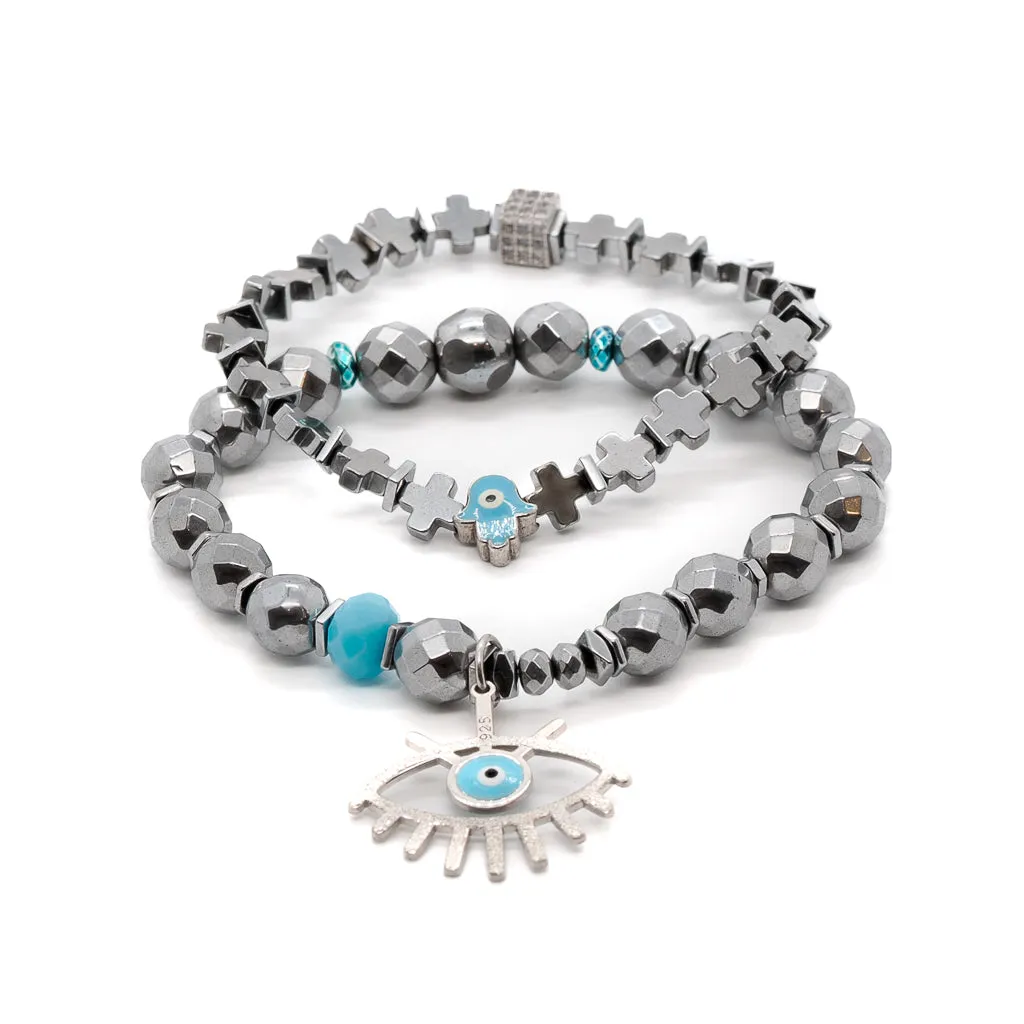 Evil Eye Good Vibes Hematite Silver Bracelet Set