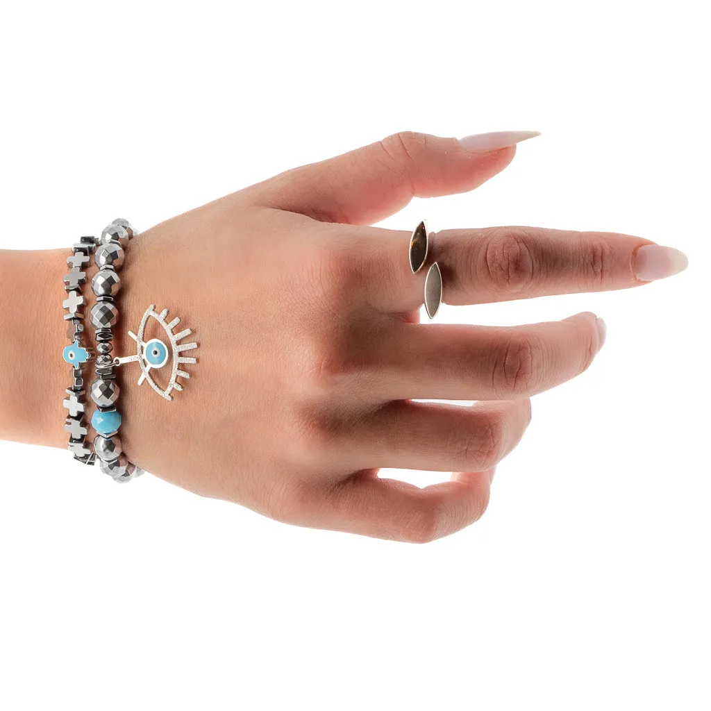 Evil Eye Good Vibes Hematite Silver Bracelet Set