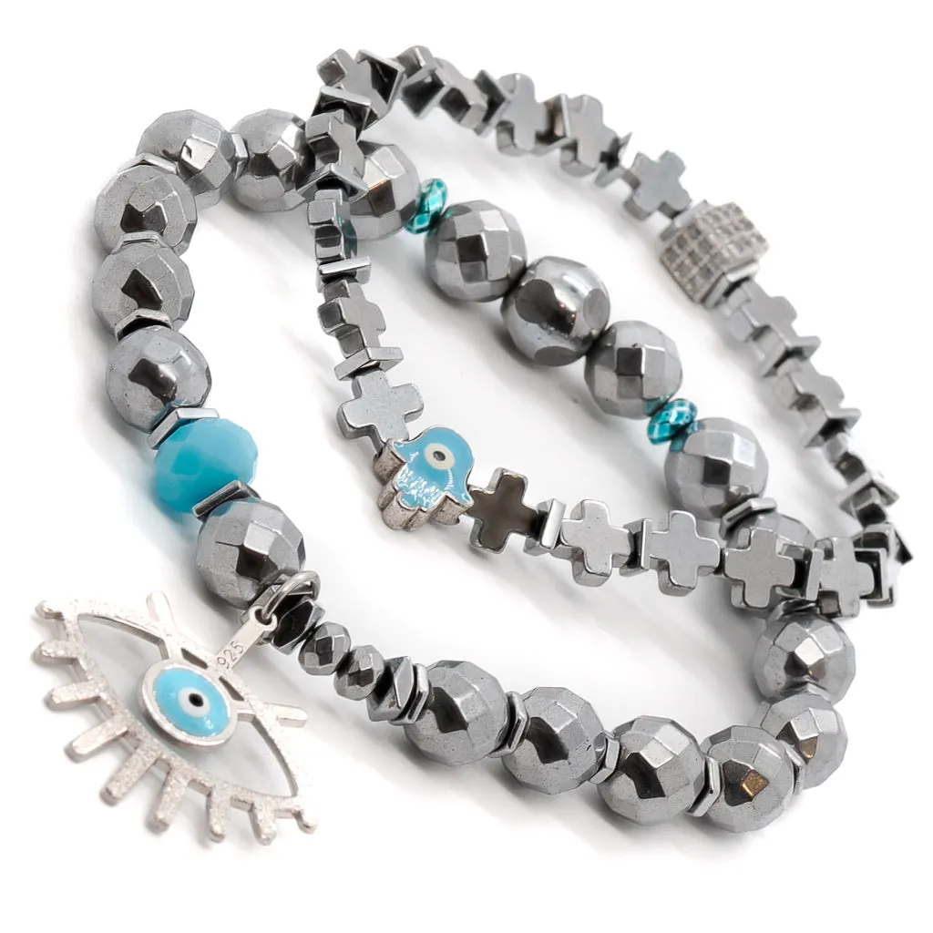 Evil Eye Good Vibes Hematite Silver Bracelet Set