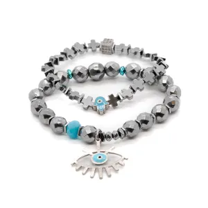 Evil Eye Good Vibes Hematite Silver Bracelet Set