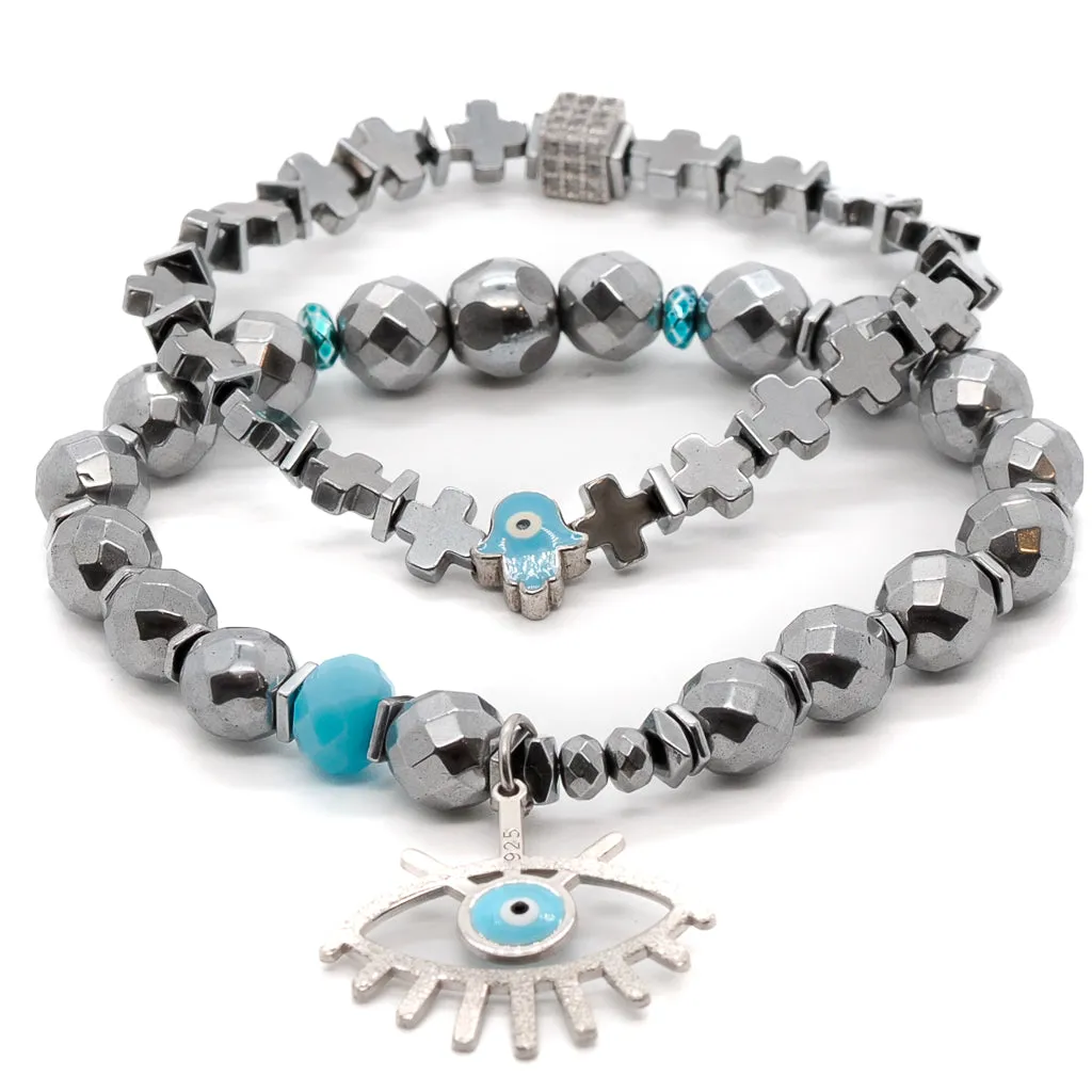 Evil Eye Good Vibes Hematite Silver Bracelet Set