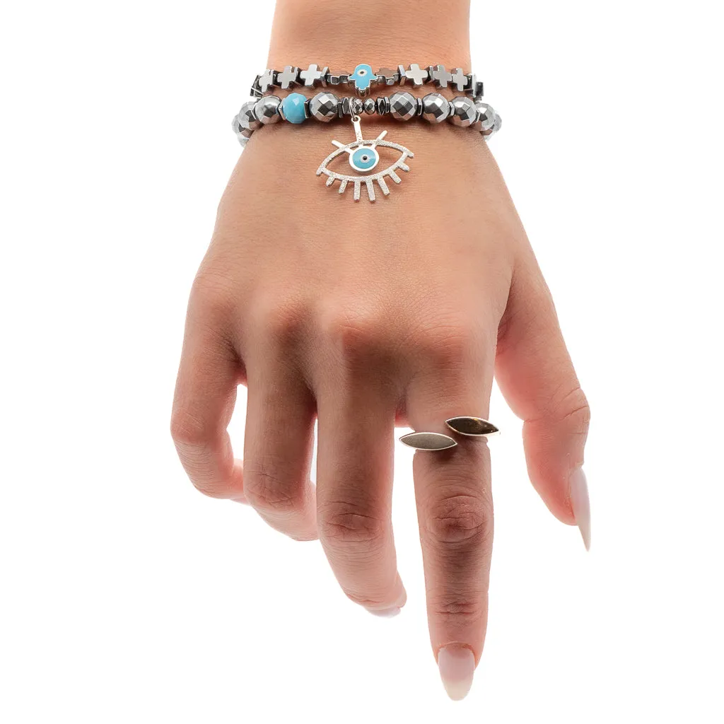 Evil Eye Good Vibes Hematite Silver Bracelet Set