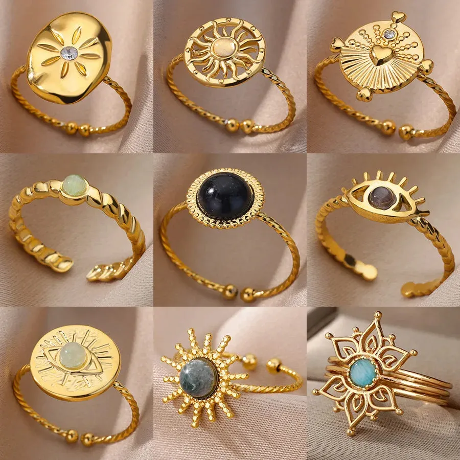 Fashion Stainless Steel Gold Color Hoop Rings For Women Luxury Open Adjustable Eyes Ring Jewelry Sets Wedding Party