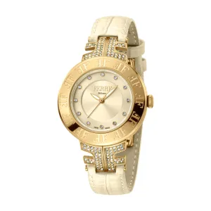 Ferre Milano Ladies Watch Golden Color Case & Beige Leather Strap With Stone