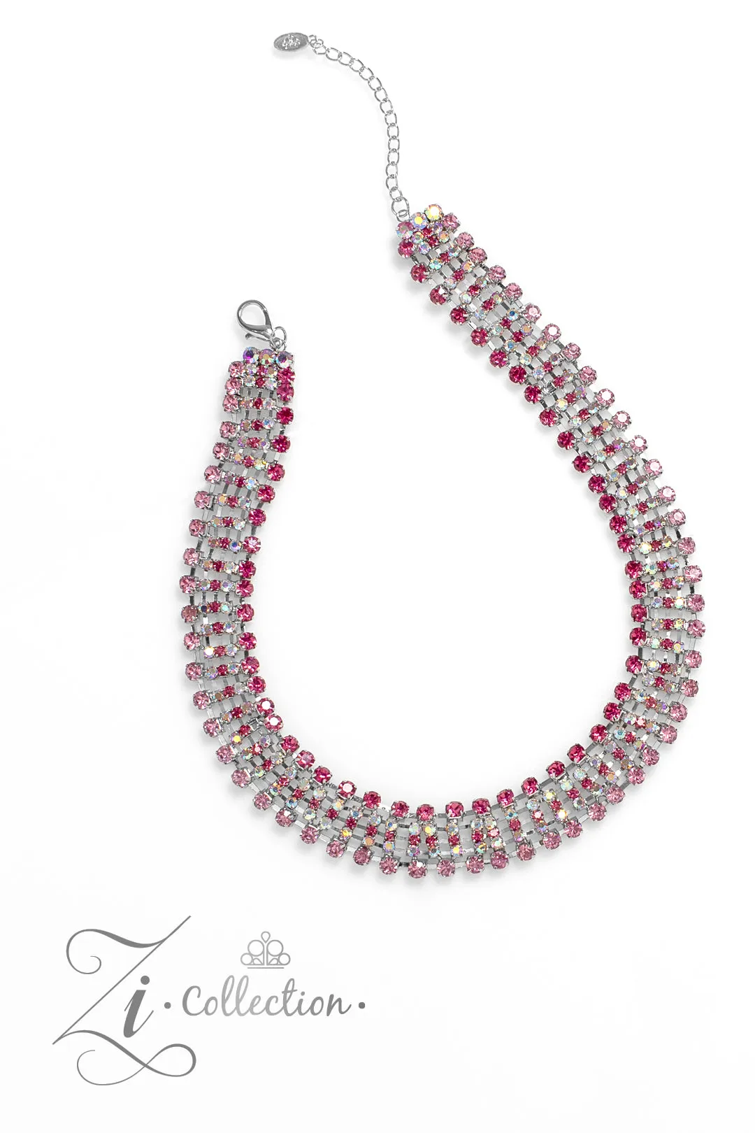 Flirtatious - 2023 Zi Collection - Pink and Iridescent Rhinestone Paparazzi Short Statement Necklace
