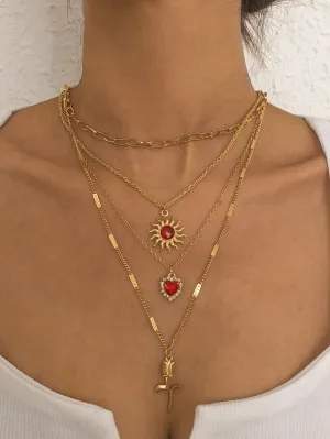 Flower & Heart Charm Layered Necklace  - Gold - FD ⚡