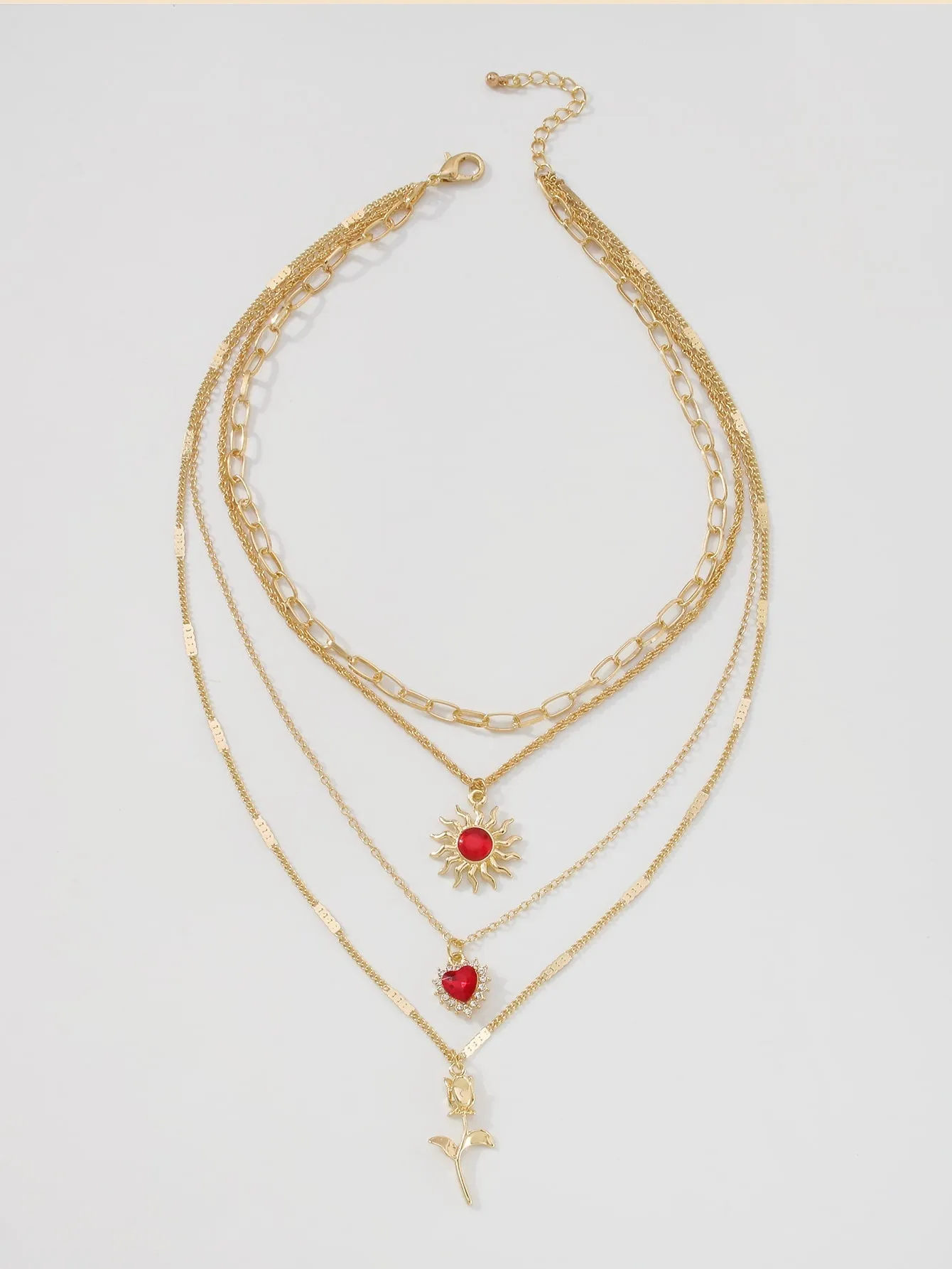 Flower & Heart Charm Layered Necklace  - Gold - FD ⚡