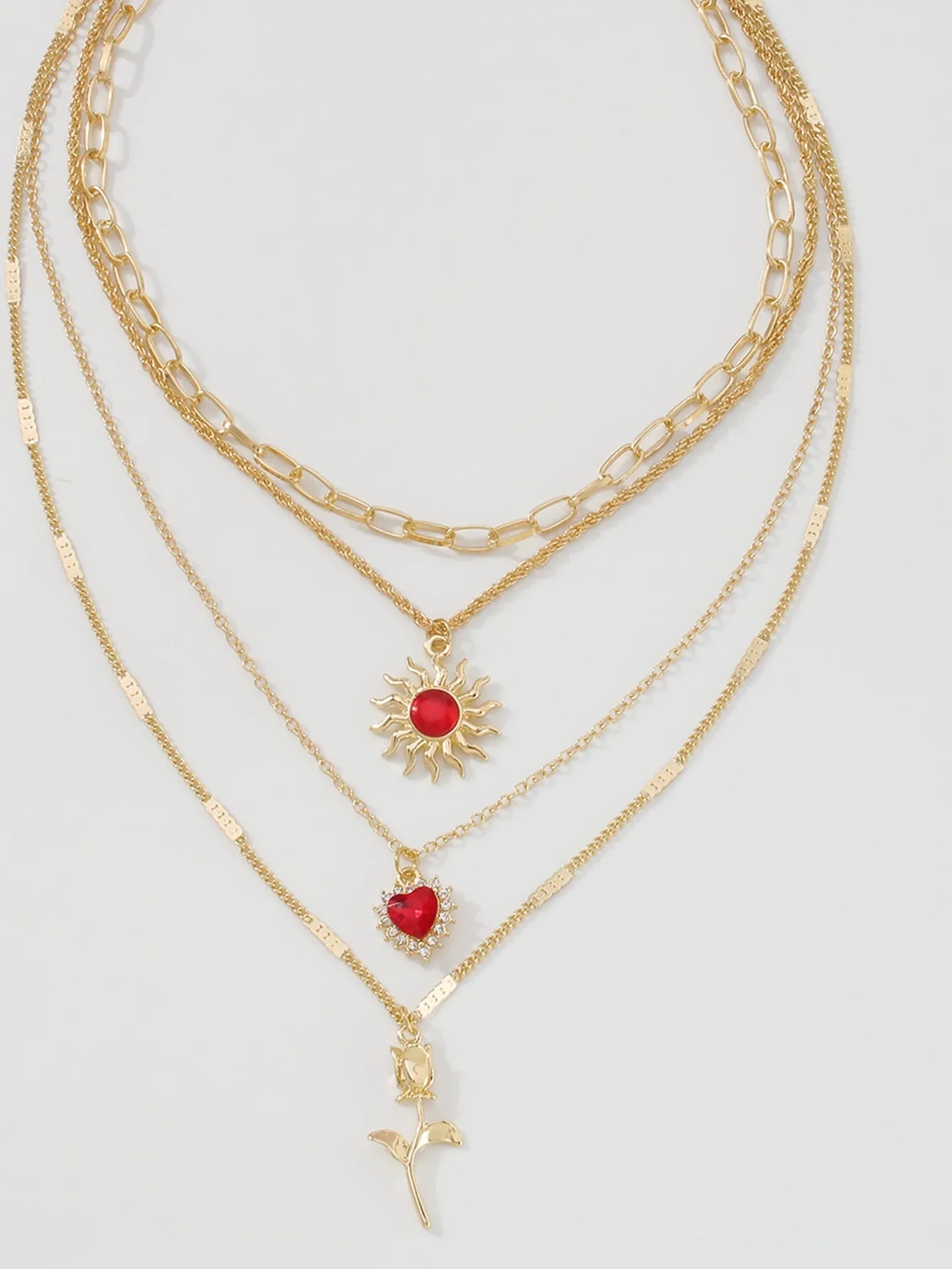 Flower & Heart Charm Layered Necklace  - Gold - FD ⚡