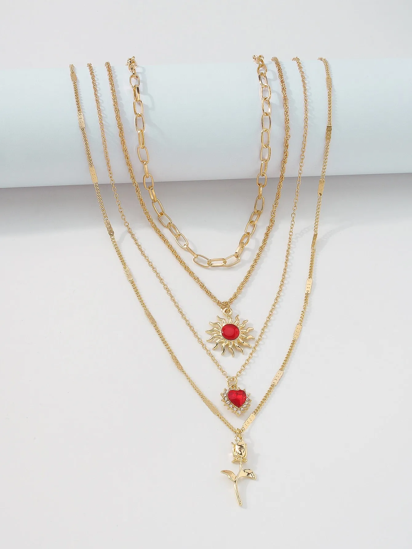 Flower & Heart Charm Layered Necklace  - Gold - FD ⚡