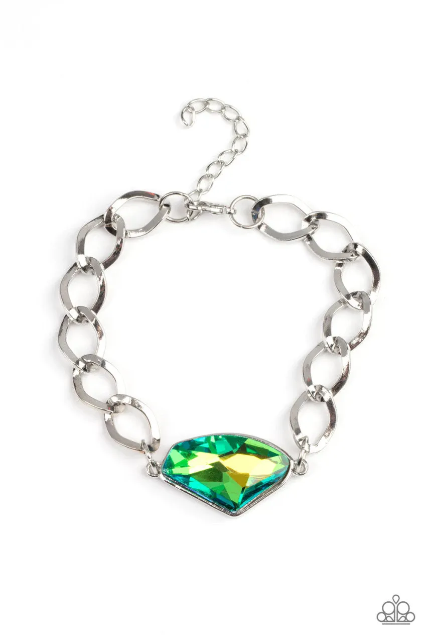Galactic Grunge Green UV Shimmer Gem Silver Chain Paparazzi Bracelet