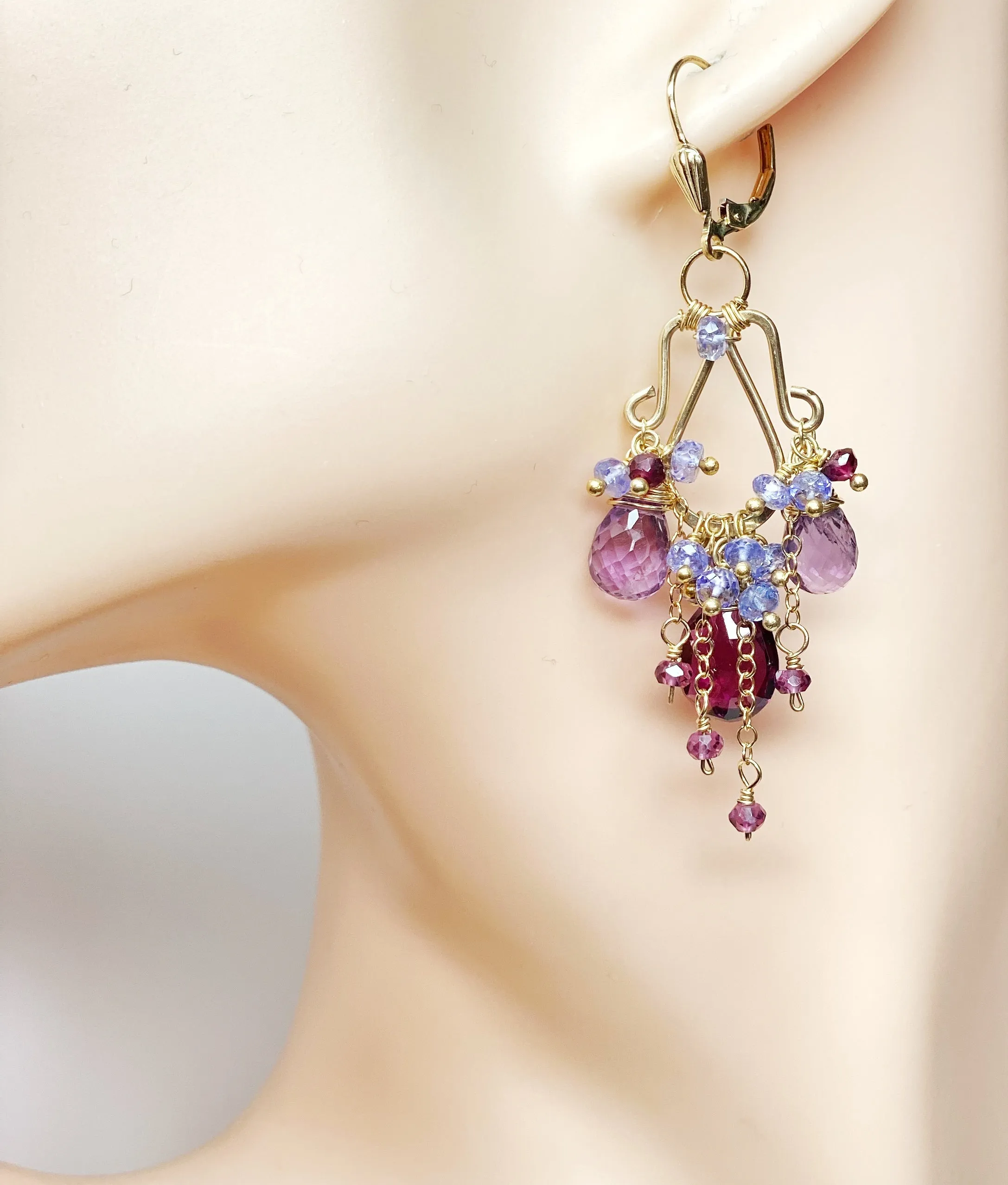 Garnet Amethyst Tanzanite Gold Multicolor Chandelier Earrings