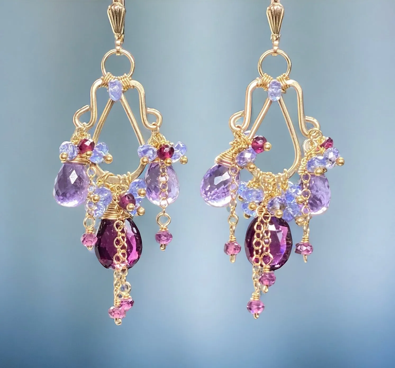 Garnet Amethyst Tanzanite Gold Multicolor Chandelier Earrings