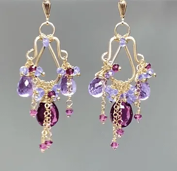 Garnet Amethyst Tanzanite Gold Multicolor Chandelier Earrings