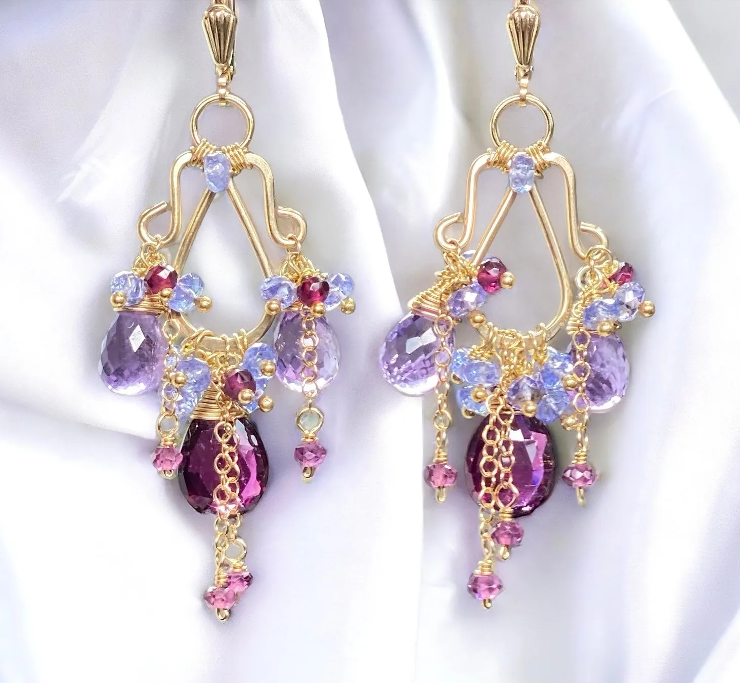 Garnet Amethyst Tanzanite Gold Multicolor Chandelier Earrings