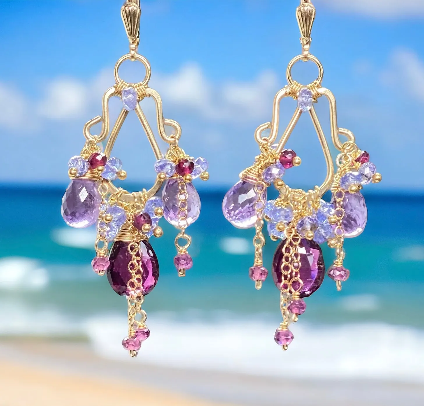 Garnet Amethyst Tanzanite Gold Multicolor Chandelier Earrings