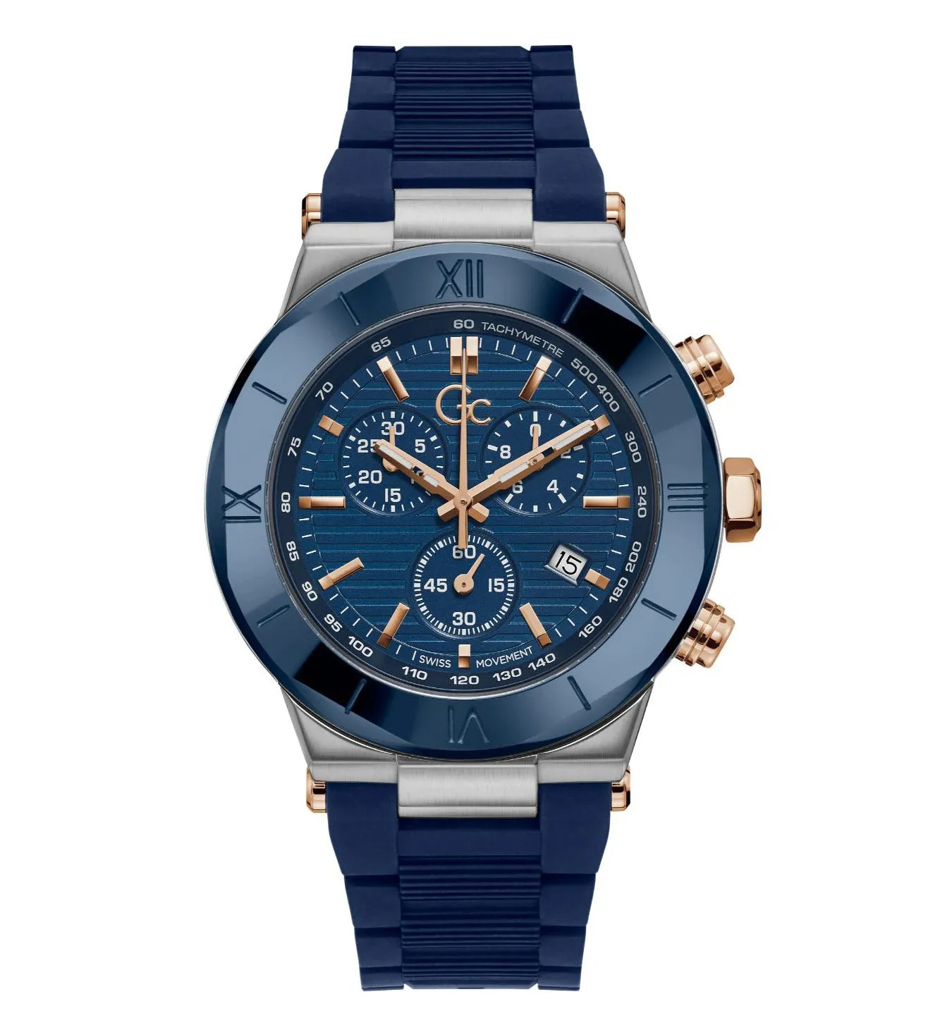 Gc Force Chrono Gent Blue Dial with Rosegold Details Blue Silicone Band Watch