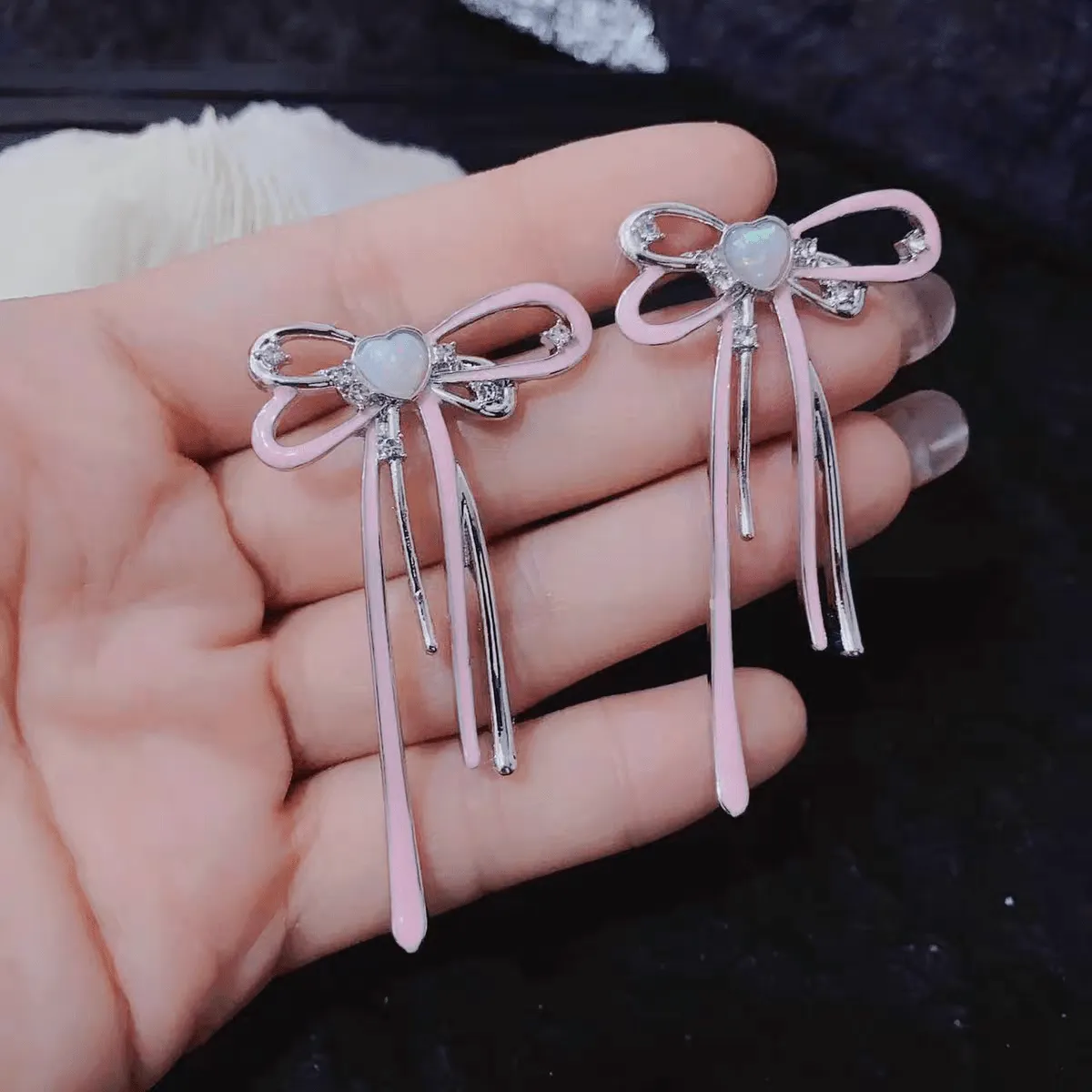 Geometric Pink Ribbon Dangle Earrings