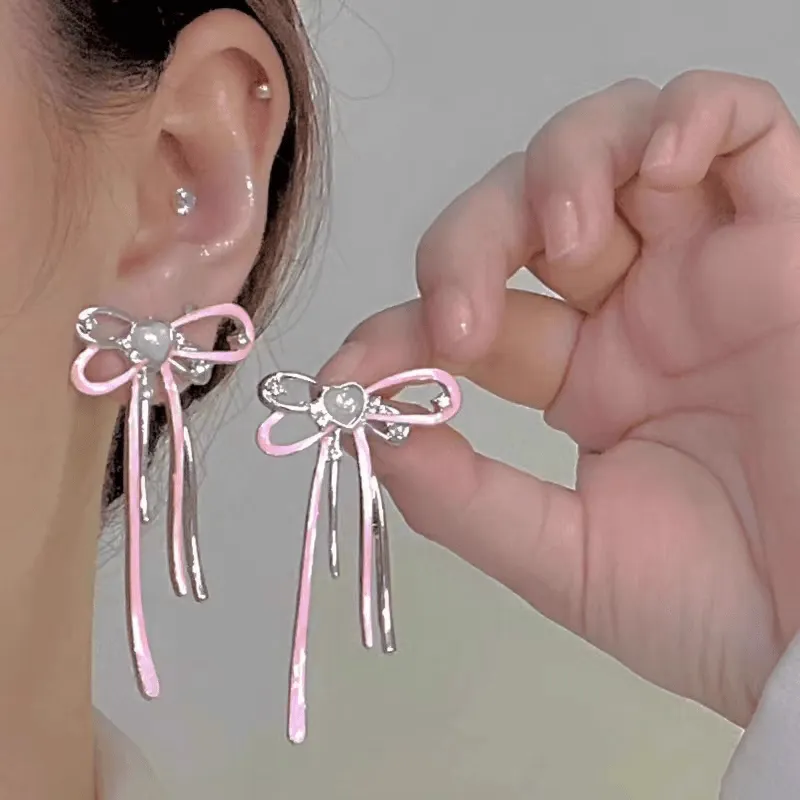 Geometric Pink Ribbon Dangle Earrings