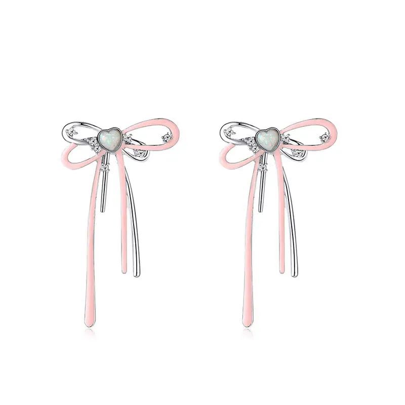 Geometric Pink Ribbon Dangle Earrings