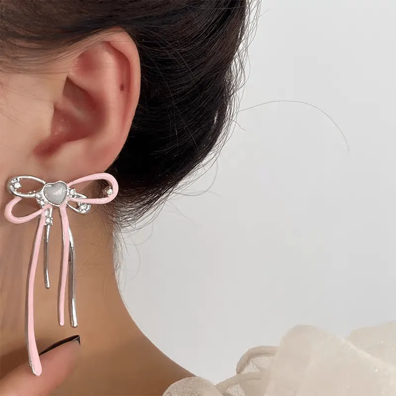 Geometric Pink Ribbon Dangle Earrings