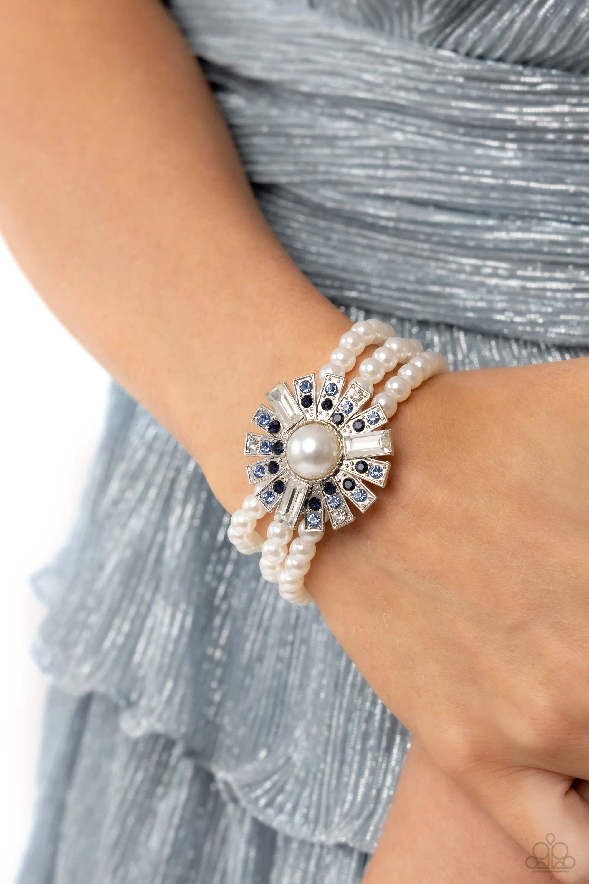 Gifted Gatsby - Blue - and White Rhinestone Pearl Paparazzi Stretchy Bracelet