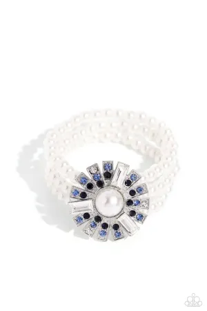 Gifted Gatsby - Blue - and White Rhinestone Pearl Paparazzi Stretchy Bracelet