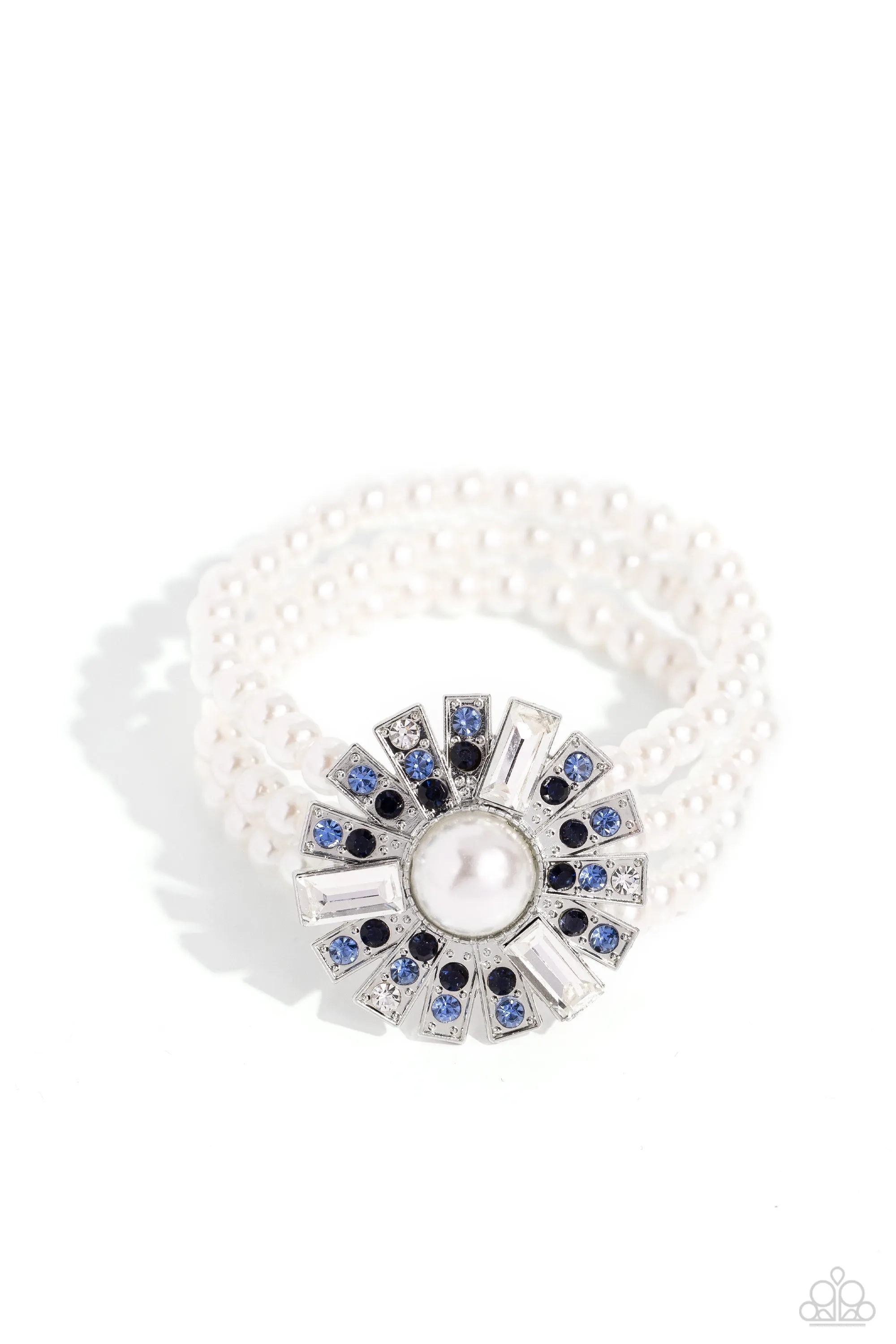Gifted Gatsby - Blue - and White Rhinestone Pearl Paparazzi Stretchy Bracelet