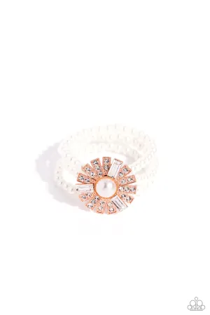 Gifted Gatsby - Copper - White Rhinestone and Pearl Center Paparazzi Stretchy Bracelet