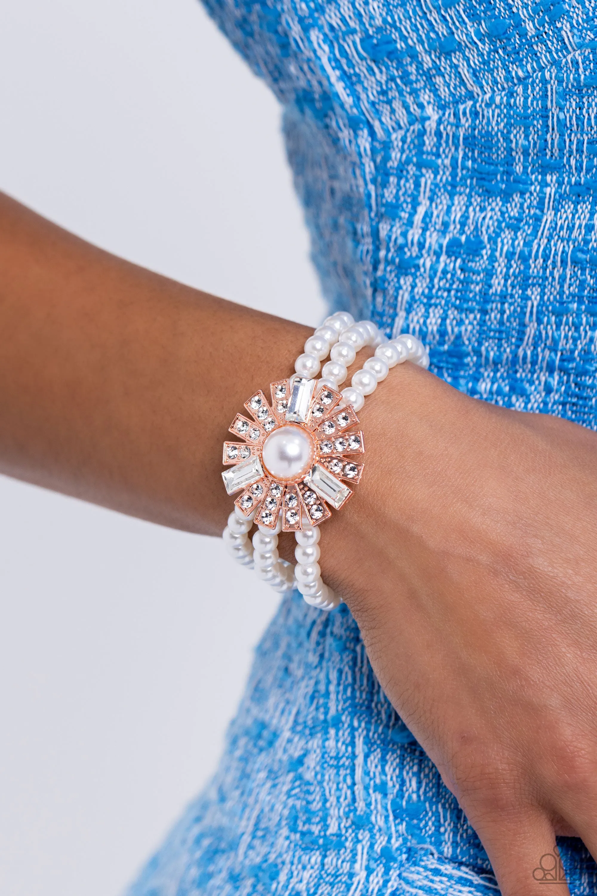 Gifted Gatsby - Copper - White Rhinestone and Pearl Center Paparazzi Stretchy Bracelet