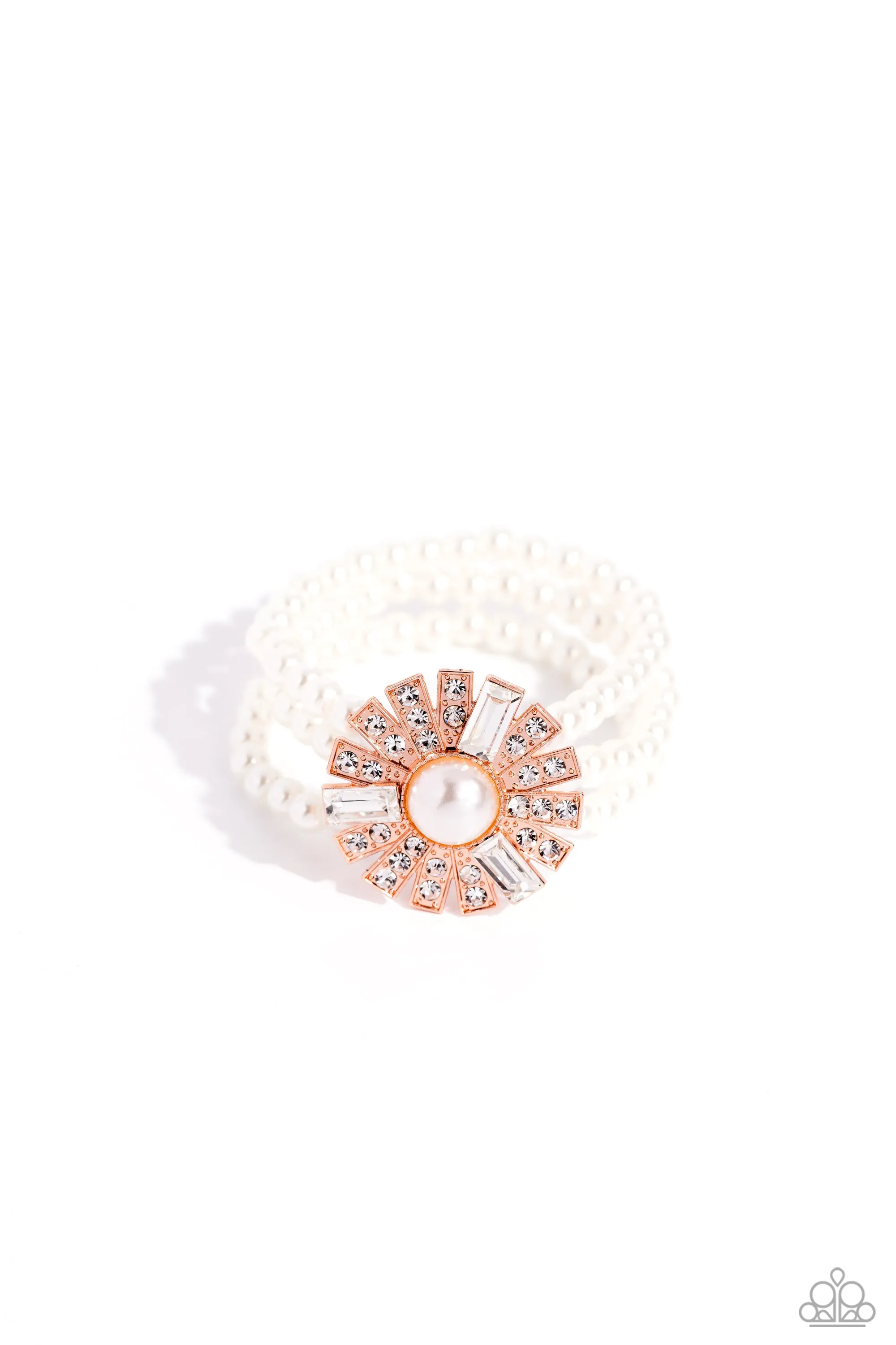 Gifted Gatsby - Copper - White Rhinestone and Pearl Center Paparazzi Stretchy Bracelet