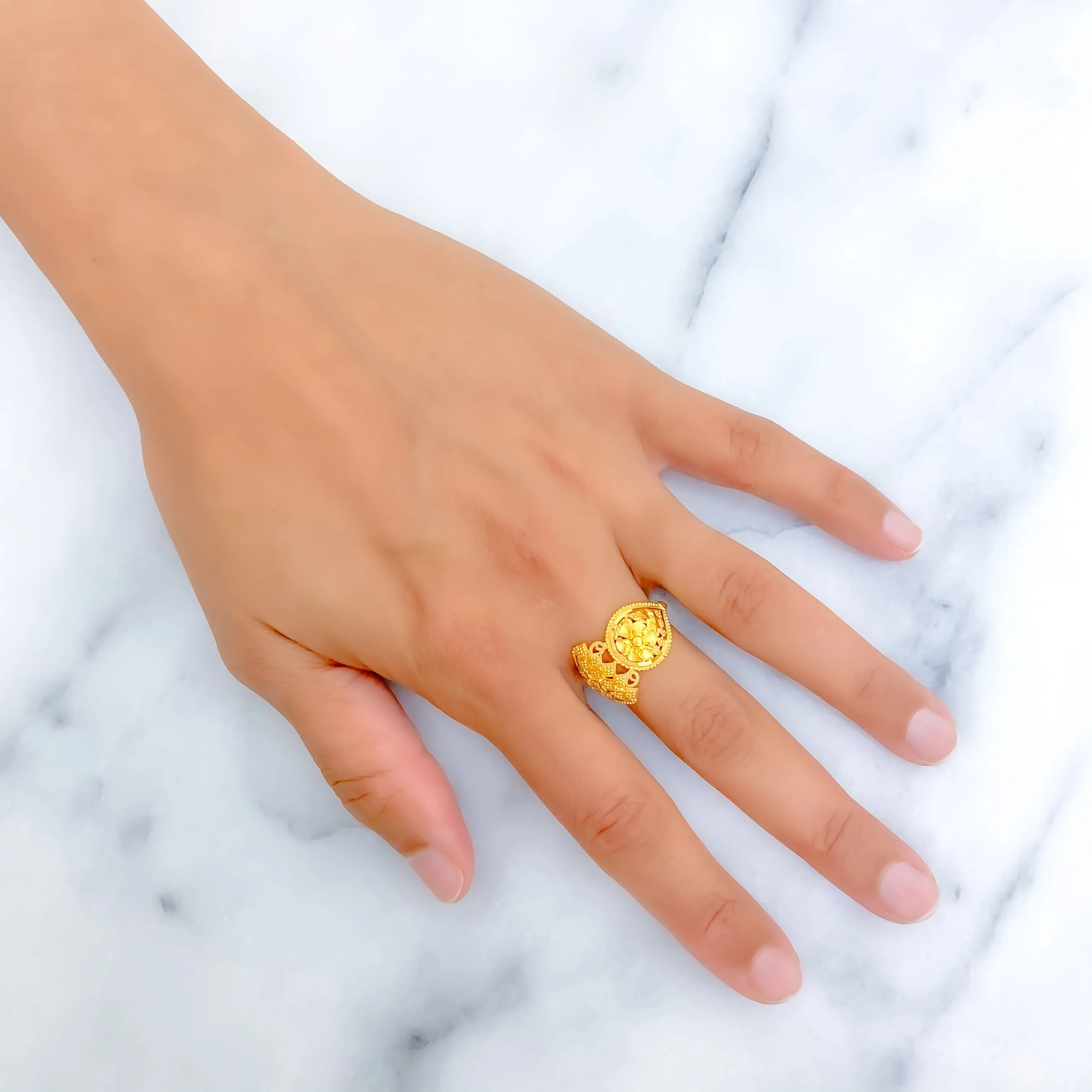 Glimmering Beaded Flower 22K Gold Ring