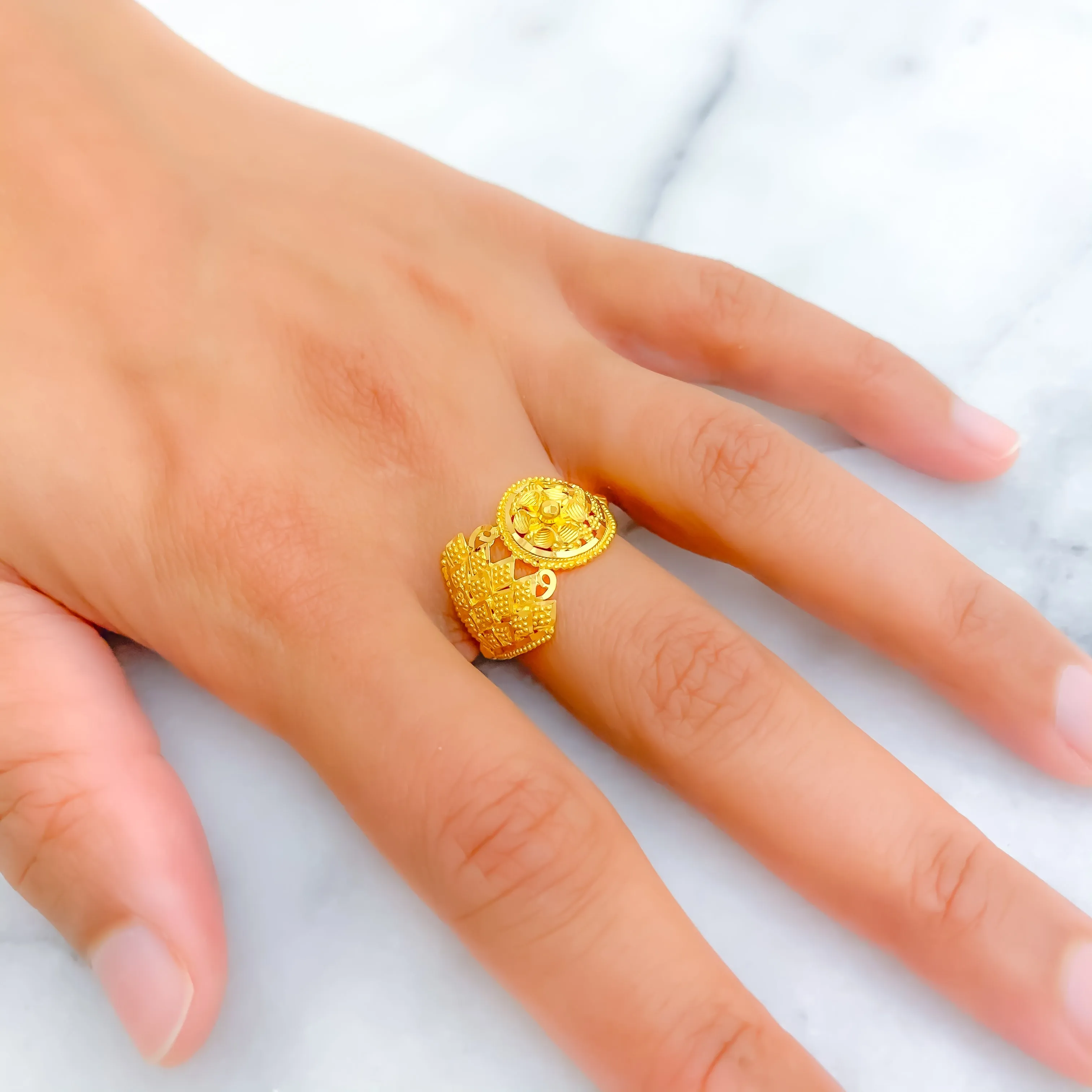 Glimmering Beaded Flower 22K Gold Ring