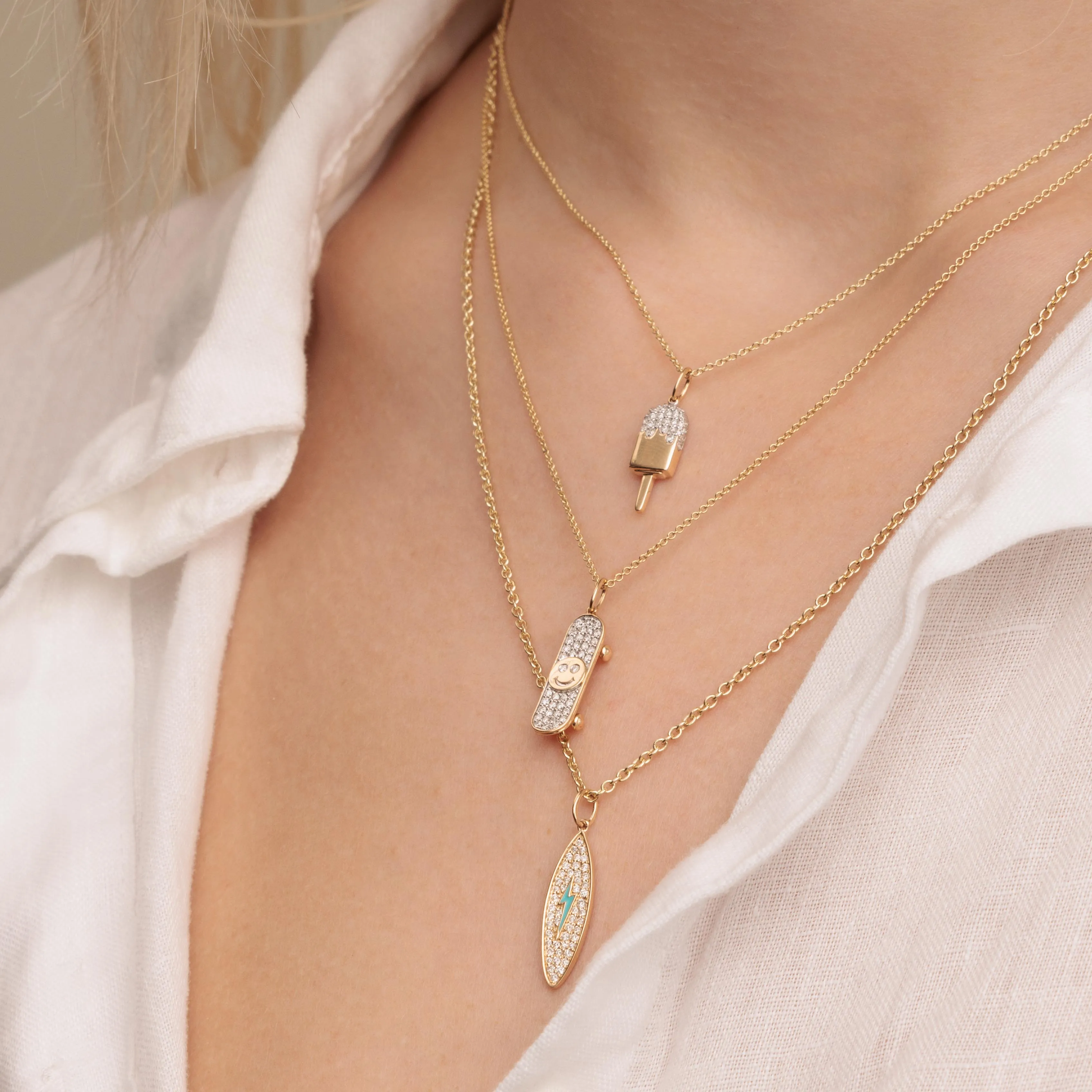 Gold & Diamond Enamel Surfboard Charm