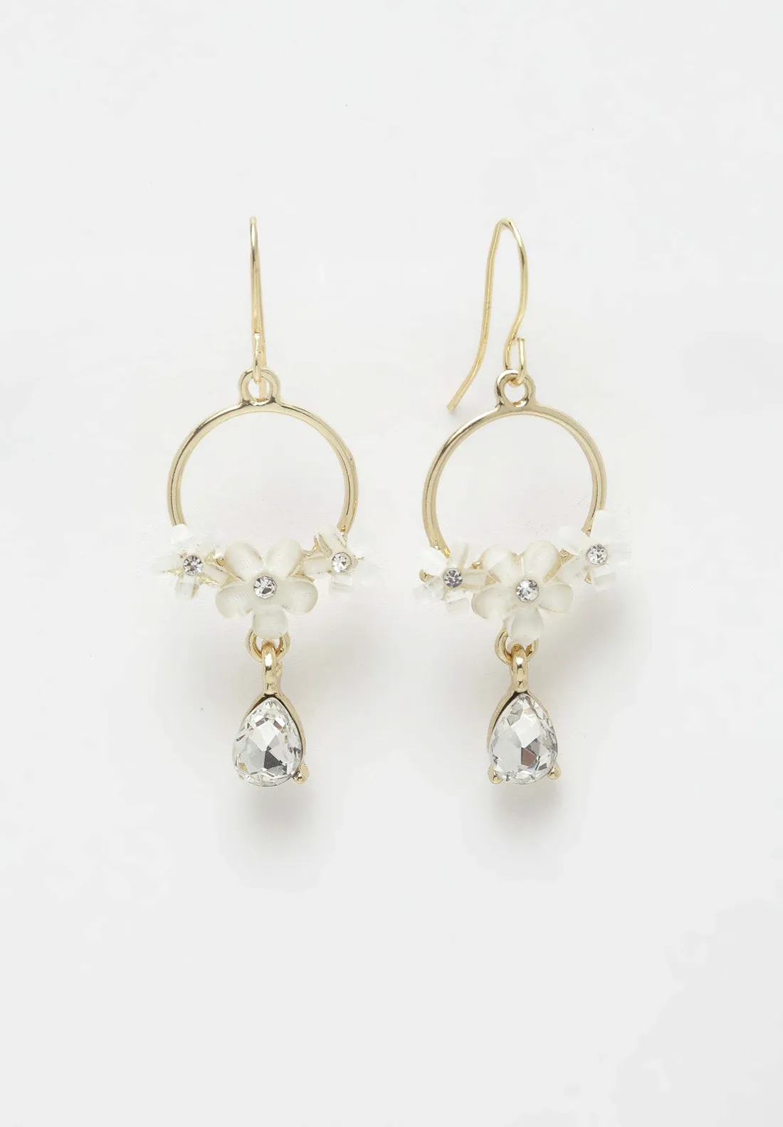 Gold & White Floral Crystal Earrings