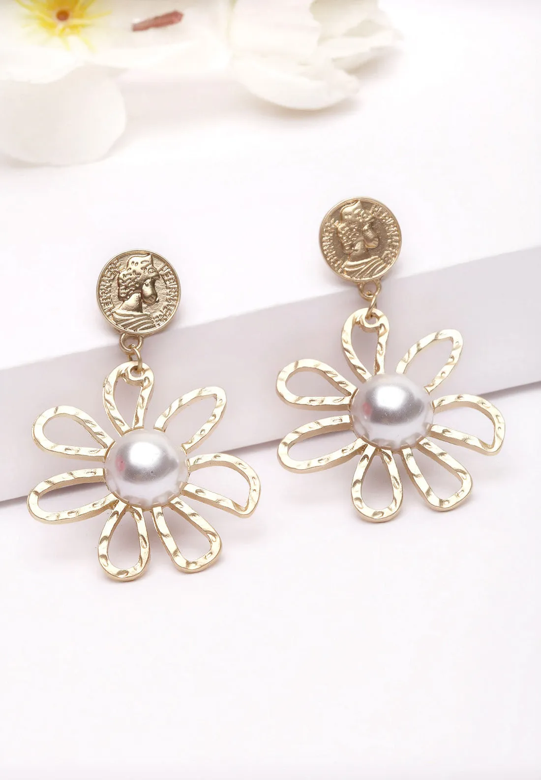 Gold Floral Pearl Earrings