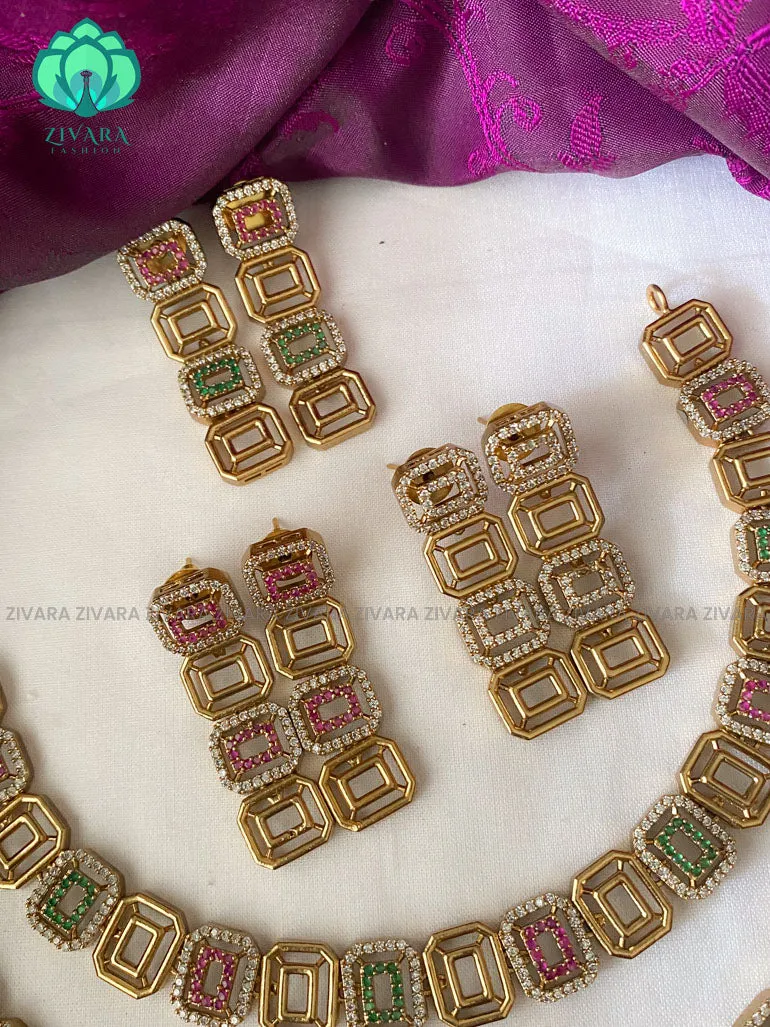 Gold like box elegant necklace with earrings CZ matte Finish- Zivara Fashion