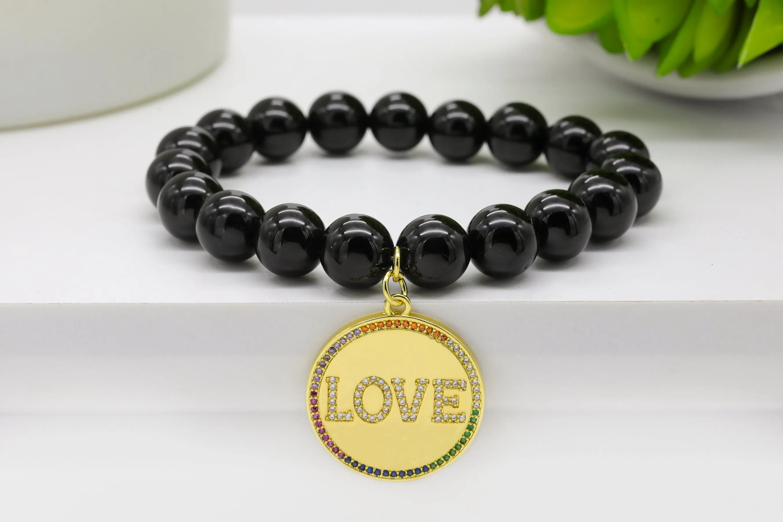Gold Multicolor Pave Love Coin Charm