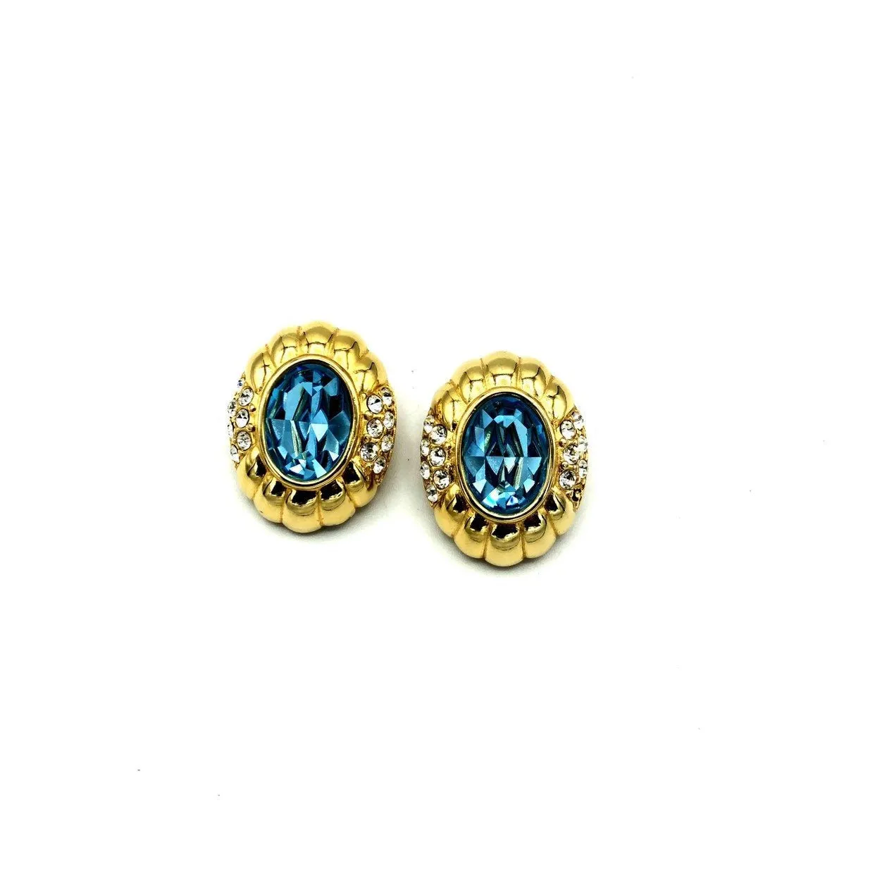 Gold Nolan Miller Blue Topaz Rhinestone Vintage Clip-On Earrings